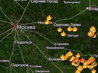 Фрагмент карты лесных пожаров в России с сайта yandex.ru