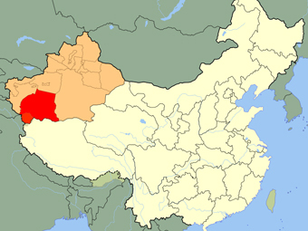 Округ Хотан (красный цвет) на карте Китая. Иллюстрация с сайта wikipedia.org